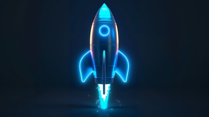 Wall Mural - Digital rockets launch into outer space. Boosting and taking off career concepts. Abstract spaceship in blue on a technological background. blue neon rocket illustration with 3D effect.