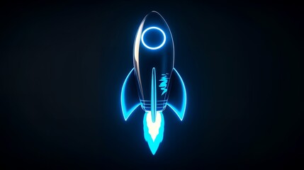 Wall Mural - Digital rockets launch into outer space. Boosting and taking off career concepts. Abstract spaceship in blue on a technological background. blue neon rocket illustration with 3D effect.