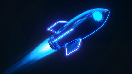 Wall Mural - Digital rockets launch into outer space. Boosting and taking off career concepts. Abstract spaceship in blue on a technological background. blue neon rocket illustration with 3D effect.
