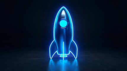 Wall Mural - Digital rockets launch into outer space. Boosting and taking off career concepts. Abstract spaceship in blue on a technological background. blue neon rocket illustration with 3D effect.
