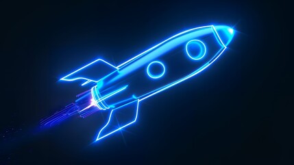 Wall Mural - Digital rockets launch into outer space. Boosting and taking off career concepts. Abstract spaceship in blue on a technological background. blue neon rocket illustration with 3D effect.