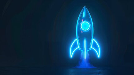 Wall Mural - Digital rockets launch into outer space. Boosting and taking off career concepts. Abstract spaceship in blue on a technological background. blue neon rocket illustration with 3D effect.