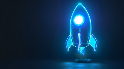 Wall Mural - Digital rockets launch into outer space. Boosting and taking off career concepts. Abstract spaceship in blue on a technological background. blue neon rocket illustration with 3D effect.