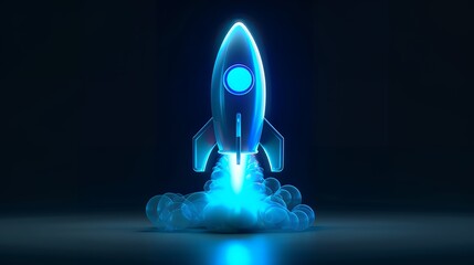 Wall Mural - Digital rockets launch into outer space. Boosting and taking off career concepts. Abstract spaceship in blue on a technological background. blue neon rocket illustration with 3D effect.