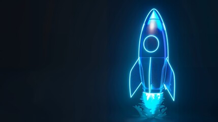 Wall Mural - Digital rockets launch into outer space. Boosting and taking off career concepts. Abstract spaceship in blue on a technological background. blue neon rocket illustration with 3D effect.
