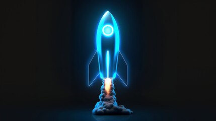 Wall Mural - Digital rockets launch into outer space. Boosting and taking off career concepts. Abstract spaceship in blue on a technological background. blue neon rocket illustration with 3D effect.
