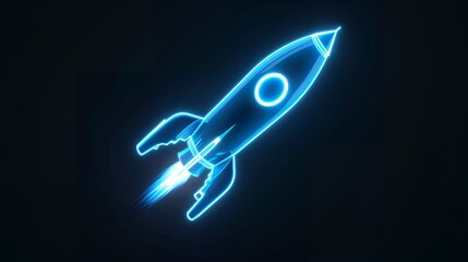 Wall Mural - Digital rockets launch into outer space. Boosting and taking off career concepts. Abstract spaceship in blue on a technological background. blue neon rocket illustration with 3D effect.