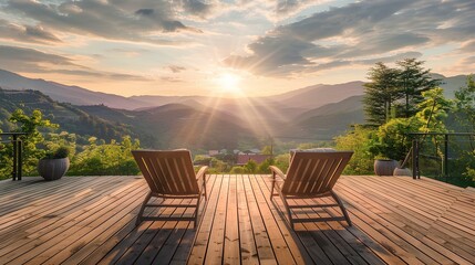 Wooden terrace with two armchairs overlooking the valley and mountains, sunset, photo for real estate, panoramic view of balcony landscape design with furniture.