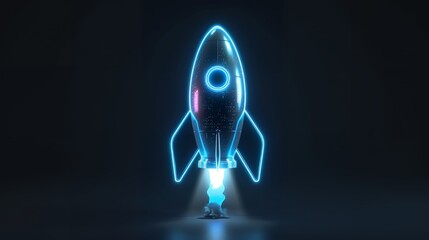 Wall Mural - Digital rockets launch into outer space. Boosting and taking off career concepts. Abstract spaceship in blue on a technological background. blue neon rocket illustration with 3D effect.