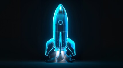 Wall Mural - Digital rockets launch into outer space. Boosting and taking off career concepts. Abstract spaceship in blue on a technological background. blue neon rocket illustration with 3D effect.