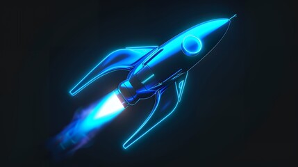 Wall Mural - Digital rockets launch into outer space. Boosting and taking off career concepts. Abstract spaceship in blue on a technological background. blue neon rocket illustration with 3D effect.