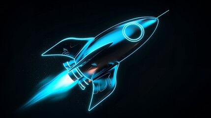 Wall Mural - Digital rockets launch into outer space. Boosting and taking off career concepts. Abstract spaceship in blue on a technological background. blue neon rocket illustration with 3D effect.