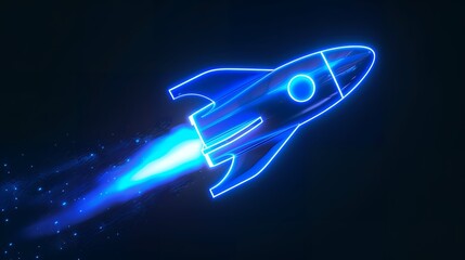 Wall Mural - Digital rockets launch into outer space. Boosting and taking off career concepts. Abstract spaceship in blue on a technological background. blue neon rocket illustration with 3D effect.