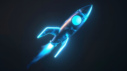 Wall Mural - Digital rockets launch into outer space. Boosting and taking off career concepts. Abstract spaceship in blue on a technological background. blue neon rocket illustration with 3D effect.