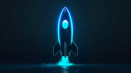 Wall Mural - Digital rockets launch into outer space. Boosting and taking off career concepts. Abstract spaceship in blue on a technological background. blue neon rocket illustration with 3D effect.