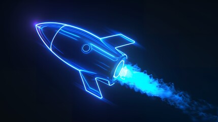 Wall Mural - Digital rockets launch into outer space. Boosting and taking off career concepts. Abstract spaceship in blue on a technological background. blue neon rocket illustration with 3D effect.