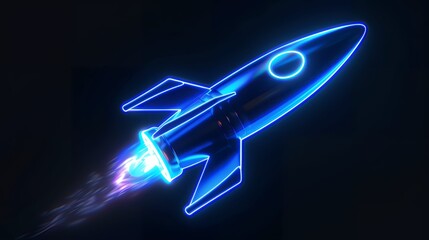 Wall Mural - Digital rockets launch into outer space. Boosting and taking off career concepts. Abstract spaceship in blue on a technological background. blue neon rocket illustration with 3D effect.