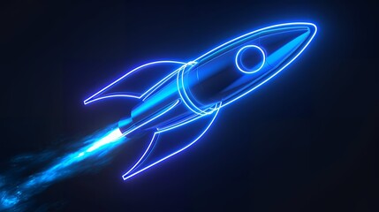 Wall Mural - Digital rockets launch into outer space. Boosting and taking off career concepts. Abstract spaceship in blue on a technological background. blue neon rocket illustration with 3D effect.