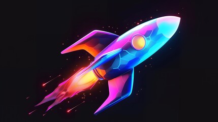 Wall Mural - 3d illustration rocket space colorful holographic in dark background for Business start up and science concept