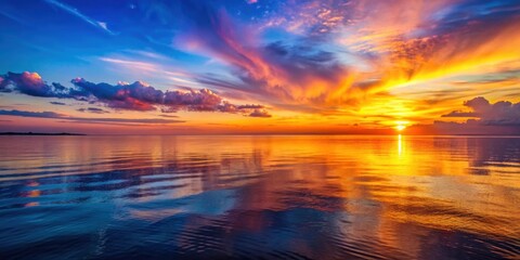 Poster - Sunset over calm sea with vibrant colors reflecting on the water , sunset, sea, ocean, water, horizon, dusk, evening