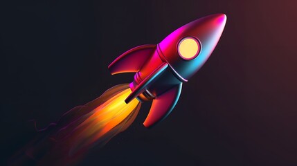 Wall Mural - 3d illustration rocket space colorful holographic in dark background for Business start up and science concept