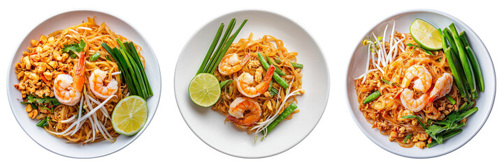 Delicious shrimp pad thai served on white plates with lime and vegetables, showcasing vibrant flavors and presentation