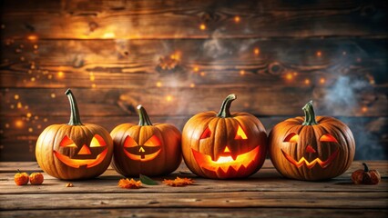 Poster - Scary laughing Halloween pumpkins on wooden table, Halloween, pumpkins, spooky, creepy, festive, decorations