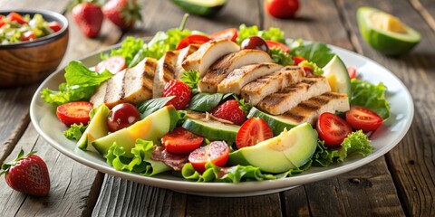 Sticker - Grilled Chicken Caesar salad with strawberries, avocados, and tomatoes, grilled, chicken, Caesar, salad, coriander