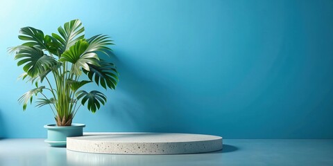 Wall Mural - Modern minimal terrazzo platform with tropical plant on blue background, terrazzo, platform, modern, minimal, tropic