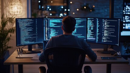 A programmer deeply focused on analyzing complex code displayed on multiple monitors AI-generated suggestions and visualizations assisting in code optimization modern workspace filled with advanced