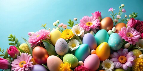 Poster - Easter eggs nestled among colorful flowers on a soft blue background, spring, Easter, eggs, flowers, pastel, blue