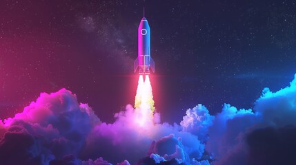 Wall Mural - 3d illustration rocket space colorful holographic in dark background for business start up and scien