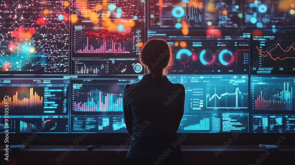 A data scientist immersed in visualizing complex datasets on a large ...