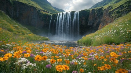 Wall Mural - Waterfall and Flowers