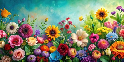 Poster - Colorful painting of vibrant flowers in a variety of hues and shades, flowers, painting, colorful, vibrant, bouquet, garden