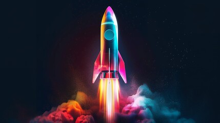 Wall Mural - 3d illustration rocket space colorful holographic in dark background for Business start up and science concept