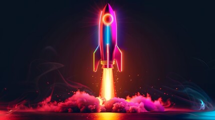 Wall Mural - 3d illustration rocket space colorful holographic in dark background for Business start up and science concept