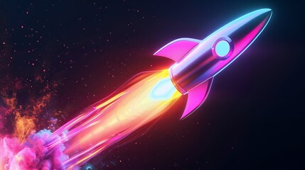 Wall Mural - 3d illustration rocket space colorful holographic in dark background for business start up and scien