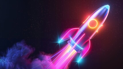 Wall Mural - 3d illustration rocket space colorful holographic in dark background for business start up and scien