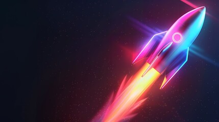 Wall Mural - 3d illustration rocket space colorful holographic in dark background for business start up and scien