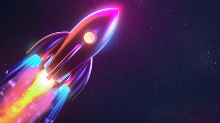 Wall Mural - 3d illustration rocket space colorful holographic in dark background for business start up and scien