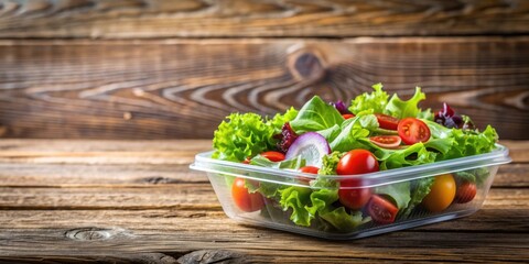 Poster - Fresh vegetable and lettuce salad in plastic container on rustic wooden table, healthy, lunch, food, vegetables, salad, green