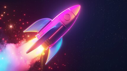 Wall Mural - 3d illustration rocket space colorful holographic in dark background for business start up and scien