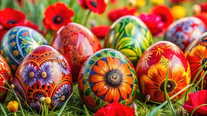 Wall Mural - Colorful Easter eggs decorated with vibrant poppies, Easter, eggs, colorful, poppies, decorations, spring, holiday