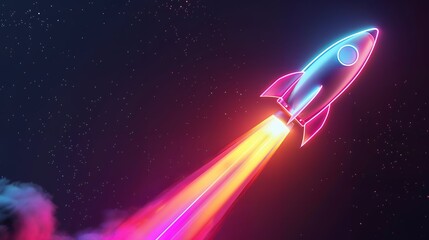 Wall Mural - 3d illustration rocket space colorful holographic in dark background for business start up and scien