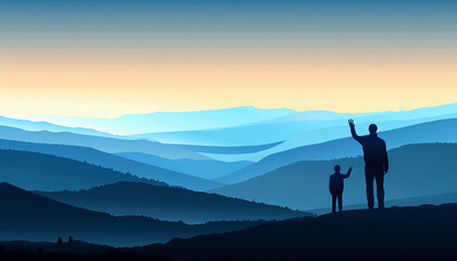 Two Silhouettes Standing on a Mountain Ridge Overlooking a Vast Blue Landscape at Sunset