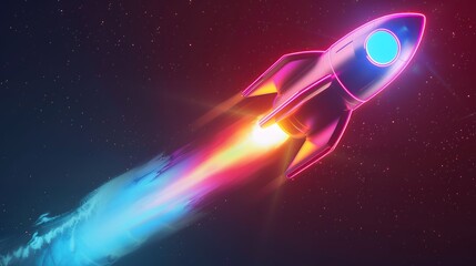 Wall Mural - 3d illustration rocket space colorful holographic in dark background for business start up and scien