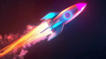Wall Mural - 3d illustration rocket space colorful holographic in dark background for business start up and scien