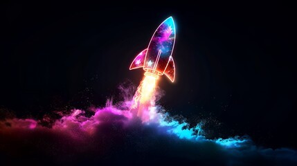 Wall Mural - 3d illustration rocket space colorful holographic in dark background for business start up and scien