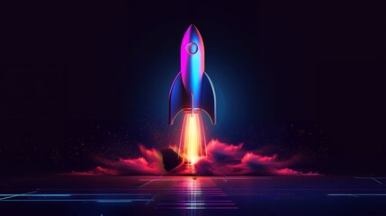 Wall Mural - 3d illustration rocket space colorful holographic in dark background for business start up and scien
